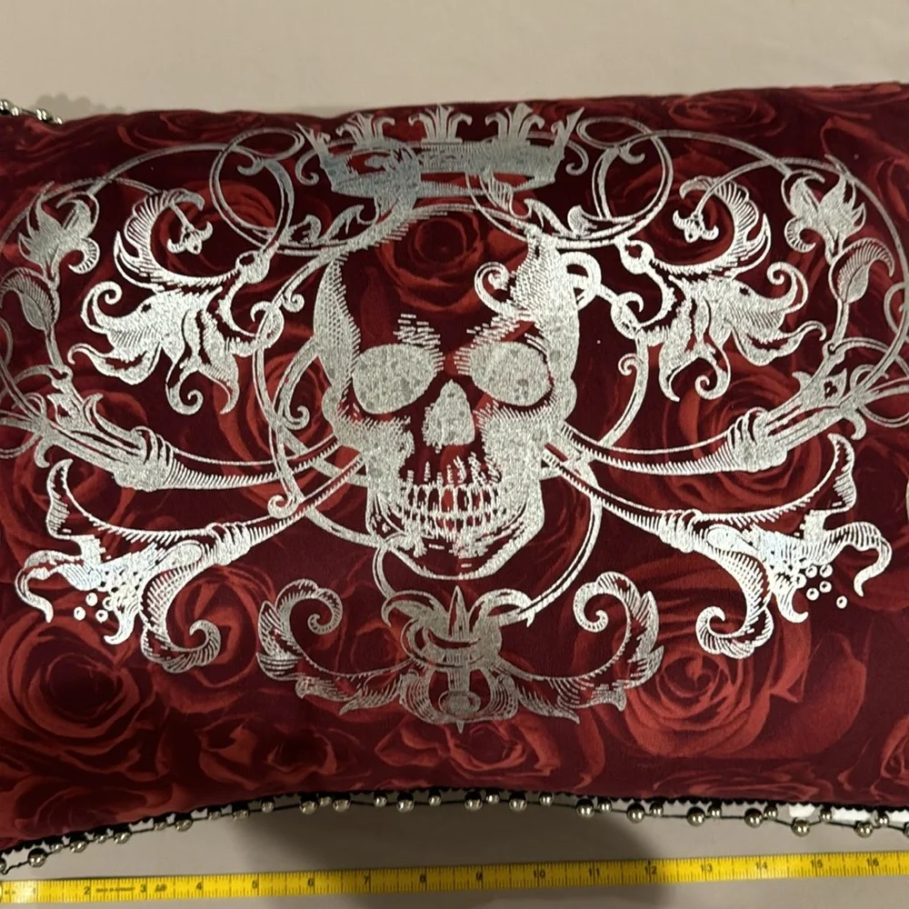 Halloween pillow velvety feel, burgundy rose pattern with silver print skull